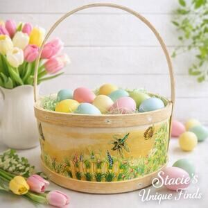 Vintage Cottage Garden Easter Basket Wood Butterfly Floral